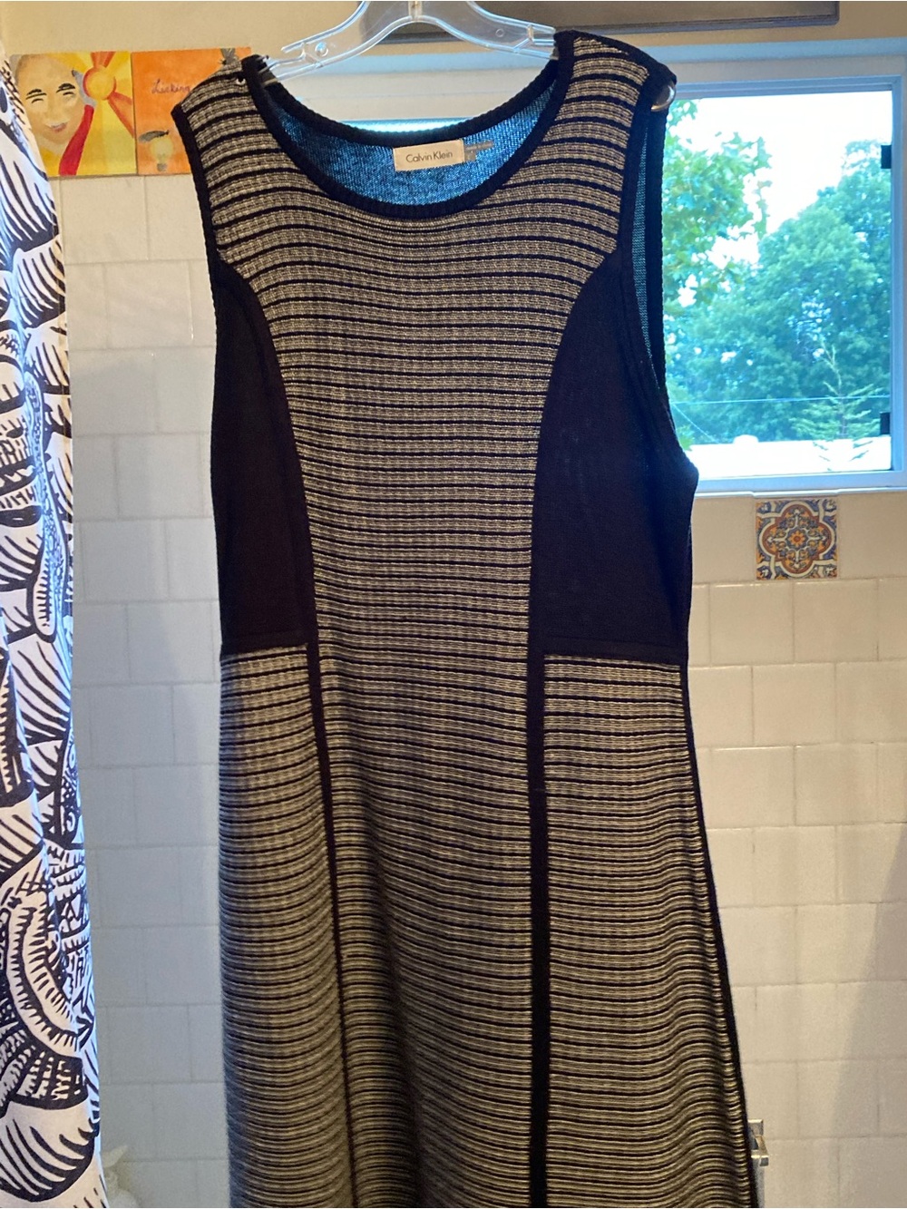 Calvin Klein Black and Gray Striped Panel Sleeveless Dress